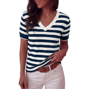 image:imageANRABESS Short Sleeve Sweaters for Women Wool Blend V Neck Sweater Shirts Business Casual Work Tops 2026 Summer OutfitsStriped Blue