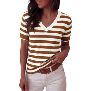 image:imageANRABESS Short Sleeve Sweaters for Women Wool Blend V Neck Sweater Shirts Business Casual Work Tops 2026 Summer OutfitsStriped Caramel