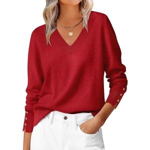 image:imageANRABESS Sweaters for Women Fall Lightweight Knit Pullover  Soft Long Sleeve V Neck Loose Fit Shirts Business Casual Work Tops Winter Spring BlousesRed