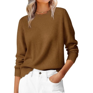 image:imageANRABESS Sweaters for Women Loose Fit Lightweight  Scalloped Long Sleeve Tops Soft Cozy Knit Pullover Travel Work Daily Wear Colthes 2026 Fall Casual Dressy OutfitsCaramel