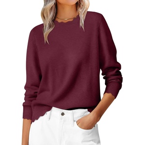 image:imageANRABESS Sweaters for Women Loose Fit Lightweight  Scalloped Long Sleeve Tops Soft Cozy Knit Pullover Travel Work Daily Wear Colthes 2026 Fall Casual Dressy OutfitsWine Red