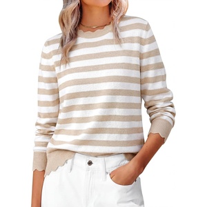 image:imageANRABESS Sweaters for Women Loose Fit Lightweight  Scalloped Long Sleeve Tops Soft Cozy Knit Pullover Travel Work Daily Wear Colthes 2026 Fall Casual Dressy OutfitsAlmond White Stripe