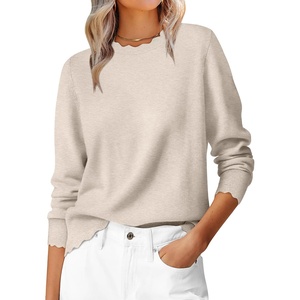 image:imageANRABESS Sweaters for Women Loose Fit Lightweight  Scalloped Long Sleeve Tops Soft Cozy Knit Pullover Travel Work Daily Wear Colthes 2026 Fall Casual Dressy OutfitsAlmond