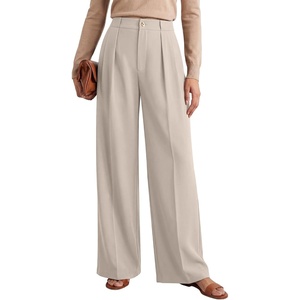 image:imageANRABESS Womens High Waisted Wide Leg Dress Work Pants  Office Business Casual Trousers Elastic Waist Pleated Palazzo Slacks with Pockets Fall Summer Spring OutfitsBeige