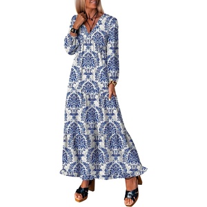 image:imageANRABESS Womens Long Sleeve Boho Maxi Dress 2026 Fall V Neck Floral Striped Casual Loose Fit Beach Vacation DressesBlue Khaki