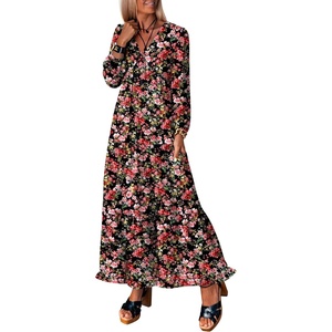 image:imageANRABESS Womens Long Sleeve Boho Maxi Dress 2026 Fall V Neck Floral Striped Casual Loose Fit Beach Vacation DressesFloral Black Red