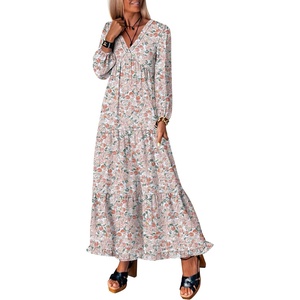 image:imageANRABESS Womens Long Sleeve Boho Maxi Dress 2026 Fall V Neck Floral Striped Casual Loose Fit Beach Vacation DressesFloral Orange White