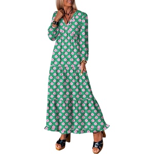 image:imageANRABESS Womens Long Sleeve Boho Maxi Dress 2026 Fall V Neck Floral Striped Casual Loose Fit Beach Vacation DressesGreen