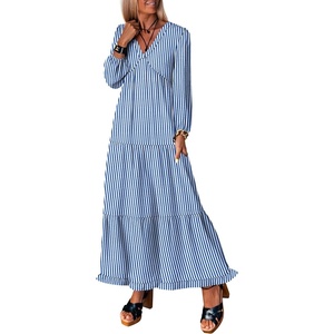 image:imageANRABESS Womens Long Sleeve Boho Maxi Dress 2026 Fall V Neck Floral Striped Casual Loose Fit Beach Vacation DressesStripe Blue White
