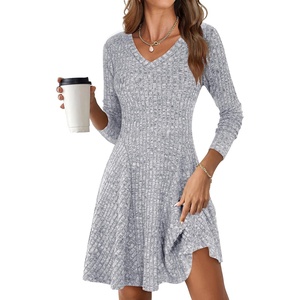image:imageANRABESS Womens Long Sleeve Fall Short Sweater Dress  Ribbed Knit Soft Stretch V Neck Regular Fit Flared A Line Swing Design Work Office Casual Spring Winter OutfitsGrey