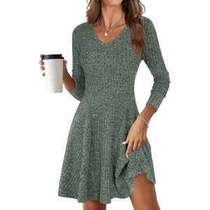 image:imageANRABESS Womens Long Sleeve Fall Short Sweater Dress  Ribbed Knit Soft Stretch V Neck Regular Fit Flared A Line Swing Design Work Office Casual Spring Winter OutfitsGreen