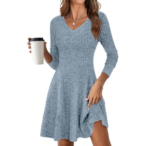 image:imageANRABESS Womens Long Sleeve Fall Short Sweater Dress  Ribbed Knit Soft Stretch V Neck Regular Fit Flared A Line Swing Design Work Office Casual Spring Winter OutfitsBlue