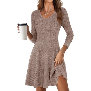 image:imageANRABESS Womens Long Sleeve Fall Short Sweater Dress  Ribbed Knit Soft Stretch V Neck Regular Fit Flared A Line Swing Design Work Office Casual Spring Winter OutfitsKhaki