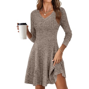 image:imageANRABESS Womens Long Sleeve Fall Short Sweater Dress  Ribbed Knit Soft Stretch V Neck Regular Fit Flared A Line Swing Design Work Office Casual Spring Winter OutfitsCool Ash Brown