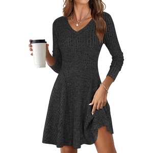 image:imageANRABESS Womens Long Sleeve Fall Short Sweater Dress  Ribbed Knit Soft Stretch V Neck Regular Fit Flared A Line Swing Design Work Office Casual Spring Winter OutfitsBlack