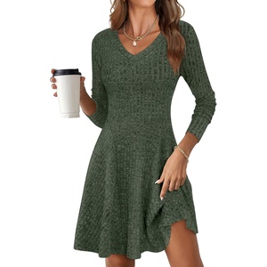 image:imageANRABESS Womens Long Sleeve Fall Short Sweater Dress  Ribbed Knit Soft Stretch V Neck Regular Fit Flared A Line Swing Design Work Office Casual Spring Winter OutfitsDeep Green