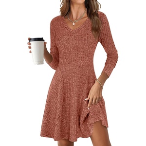 image:imageANRABESS Womens Long Sleeve Fall Short Sweater Dress  Ribbed Knit Soft Stretch V Neck Regular Fit Flared A Line Swing Design Work Office Casual Spring Winter OutfitsCaramel