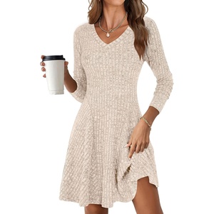 image:imageANRABESS Womens Long Sleeve Fall Short Sweater Dress  Ribbed Knit Soft Stretch V Neck Regular Fit Flared A Line Swing Design Work Office Casual Spring Winter OutfitsBeige