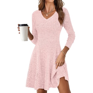 image:imageANRABESS Womens Long Sleeve Fall Short Sweater Dress  Ribbed Knit Soft Stretch V Neck Regular Fit Flared A Line Swing Design Work Office Casual Spring Winter OutfitsPink