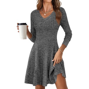image:imageANRABESS Womens Long Sleeve Fall Short Sweater Dress  Ribbed Knit Soft Stretch V Neck Regular Fit Flared A Line Swing Design Work Office Casual Spring Winter OutfitsDeep Grey