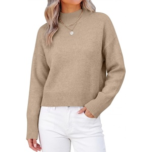 image:imageANRABESS Womens Long Sleeve Mock Neck Cropped Sweaters  Lightweight Ribbed Knit Pullover Sweater Tops Classic Soft Comfy Business Casual Work Travel Vacation Fall Winter OutfitsLight Khaki