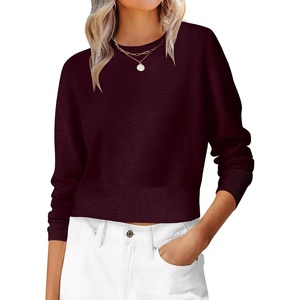 image:imageANRABESS Womens Long Sleeve Sweaters Cropped Crew Neck  Business Casual TopsLight Weight Comfy KnitPullover Short SweaterBasic ClassicFall Fashion Winter Layer ClothesDark Red