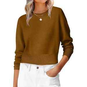 image:imageANRABESS Womens Long Sleeve Sweaters Cropped Crew Neck  Business Casual TopsLight Weight Comfy KnitPullover Short SweaterBasic ClassicFall Fashion Winter Layer ClothesCaramel