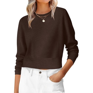 image:imageANRABESS Womens Long Sleeve Sweaters Cropped Crew Neck  Business Casual TopsLight Weight Comfy KnitPullover Short SweaterBasic ClassicFall Fashion Winter Layer ClothesDeep Coffee