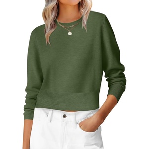 image:imageANRABESS Womens Long Sleeve Sweaters Cropped Crew Neck  Business Casual TopsLight Weight Comfy KnitPullover Short SweaterBasic ClassicFall Fashion Winter Layer ClothesArmy Green
