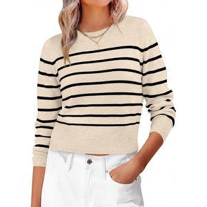 image:imageANRABESS Womens Long Sleeve Sweaters Cropped Crew Neck  Business Casual TopsLight Weight Comfy KnitPullover Short SweaterBasic ClassicFall Fashion Winter Layer ClothesLight Parchment Black Stripe