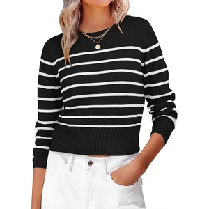 image:imageANRABESS Womens Long Sleeve Sweaters Cropped Crew Neck  Business Casual TopsLight Weight Comfy KnitPullover Short SweaterBasic ClassicFall Fashion Winter Layer ClothesBlack White Stripe