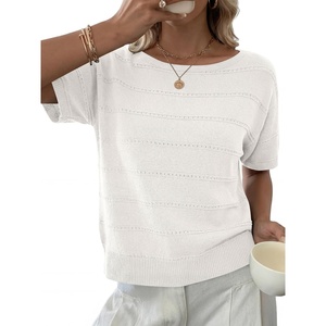 image:imageANRABESS Womens Short Sleeve Sweater Spring Summer Fall Outfits  Boat Neck Hollow Out Tops Comfy Lightweight Knit Pullover Classic Sweater Shirts Beach Travel Vacation ClothesWhite