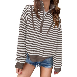image:imageANRABESS Womens Striped Quarter Zip Fall Sweater Tops  Cute Long Sleeve Ribbed Knit Collared Pullover Slouchy Cozy Warm Business Casual Work Outfits 2026 Winter Fashion ClothesStriped White Camel