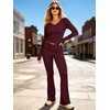 image:imageANRABESS Womens 2 Piece Outfits 2026 Fall Lounge Set  Airport Clothes Stretchy Athleisure Workout Set Winter Clothing Sideruched Top High Waist Flared PantsDeep Red