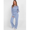 image:imageANRABESS Womens 2 Piece Outfits Crochet Sheer Knit Sweater Top Wide Leg Pants Lounge Set Sweatsuit 2026 Fall Travel ClothesBlue