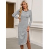 image:imageANRABESS Womens 34 Sleeve Midi T Shirt Fall Dresses  Striped Solid FloralLong Sleeve Slit Crew Neck ampChest Pocket2026 Fall OutfitsCasual Travel Vacation ClothesSummer SpringWhite Black Stripe