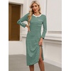 image:imageANRABESS Womens 34 Sleeve Midi T Shirt Fall Dresses  Striped Solid FloralLong Sleeve Slit Crew Neck ampChest Pocket2026 Fall OutfitsCasual Travel Vacation ClothesSummer SpringGreen White Stripe
