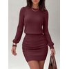 image:imageANRABESS Womens Puff Sleeve Fall Bodycon Mini Sweater Dress  Lightweight Soft Ribbed Knit Fabric Crewneck Ruched Sexy Short Dresses Date Night Party Winter Casual Lounge OutfitsWine Red