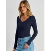 image:imageANRABESS Womens V Neck Long Sleeve Bodysuits Tops  Slim Fit Body Suits Soft Ribbed Knit Going Out Vacation Casual Everyday Wear Fall Spring Winter Layering ClothingNavy Blue