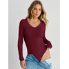image:imageANRABESS Womens V Neck Long Sleeve Bodysuits Tops  Slim Fit Body Suits Soft Ribbed Knit Going Out Vacation Casual Everyday Wear Fall Spring Winter Layering ClothingDeep Red