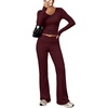 image:imageANRABESS Womens 2 Piece Outfits 2026 Fall Lounge Set  Airport Clothes Stretchy Athleisure Workout Set Winter Clothing Sideruched Top High Waist Flared PantsDeep Red
