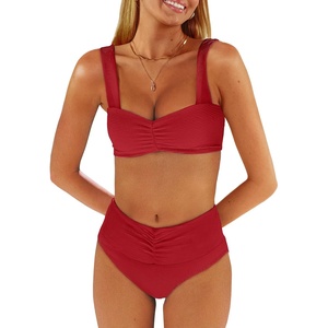 image:imageANRABESS Bathing Suit for Women Tummy Control Bikini Set 2026 Beach Front Ruched Mid Waist Swimsuit with Adjustable StrapsRed