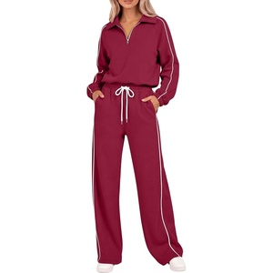 image:imageANRABESS Sweatsuits for Women 2 Piece Outfit 2026 Fall Matching Lounge Sets  Striped Half Zip Fleece Pullover Sweat Set Wide Leg Sweatpants amp Pockets Trendy Fashion Track Suits Casual Winter ClothesBurgundy
