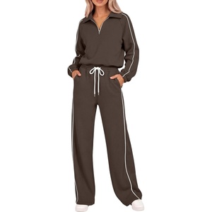 image:imageANRABESS Sweatsuits for Women 2 Piece Outfit 2026 Fall Matching Lounge Sets  Striped Half Zip Fleece Pullover Sweat Set Wide Leg Sweatpants amp Pockets Trendy Fashion Track Suits Casual Winter ClothesBrown