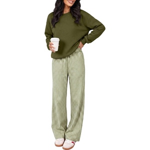 image:imageANRABESS Two Piece Sets for Women Gingham Pants Lounge Set  Long Sleeve Sweatshirts Wide Leg Pants Fall Outfits Travel Vacation Airport Fashion Clothing 2026 Daily Matching SweatsuitsArmy Green