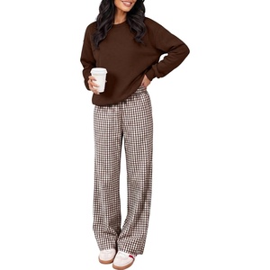image:imageANRABESS Two Piece Sets for Women Gingham Pants Lounge SetBrownL  Long Sleeve Sweatshirts Wide Leg Pants Fall Outfits Travel Vacation Airport Fashion Clothing 2026 Daily Matching Sweatsuits