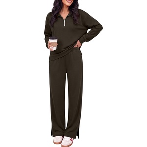 image:imageANRABESS Two Piece Sets for Women Half Zip Sweatsuits  Quarter Zip Pullover Sweatshirt amp Wide Leg Pants Matching Sets2026 Fall Fashion Airport Travel OutfitsLounge Clothing SetsDark Brown