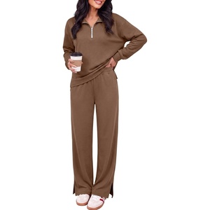 image:imageANRABESS Two Piece Sets for Women Half Zip Sweatsuits  Quarter Zip Pullover Sweatshirt amp Wide Leg Pants Matching Sets2026 Fall Fashion Airport Travel OutfitsLounge Clothing SetsBrown