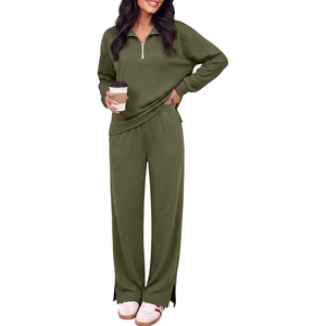 image:imageANRABESS Two Piece Sets for Women Half Zip Sweatsuits  Quarter Zip Pullover Sweatshirt amp Wide Leg Pants Matching Sets2026 Fall Fashion Airport Travel OutfitsLounge Clothing SetsArmy Green