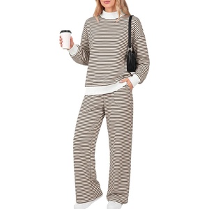 image:imageANRABESS Two Piece Sets for Women Striped Lounge Set  Oversized Mock Neck Sweatshirts amp Wide Leg Pants Airport Travel Outfit 2026 Fall Winter Fashion Cozy Matching SweatsuitsLight Brown White Stripe